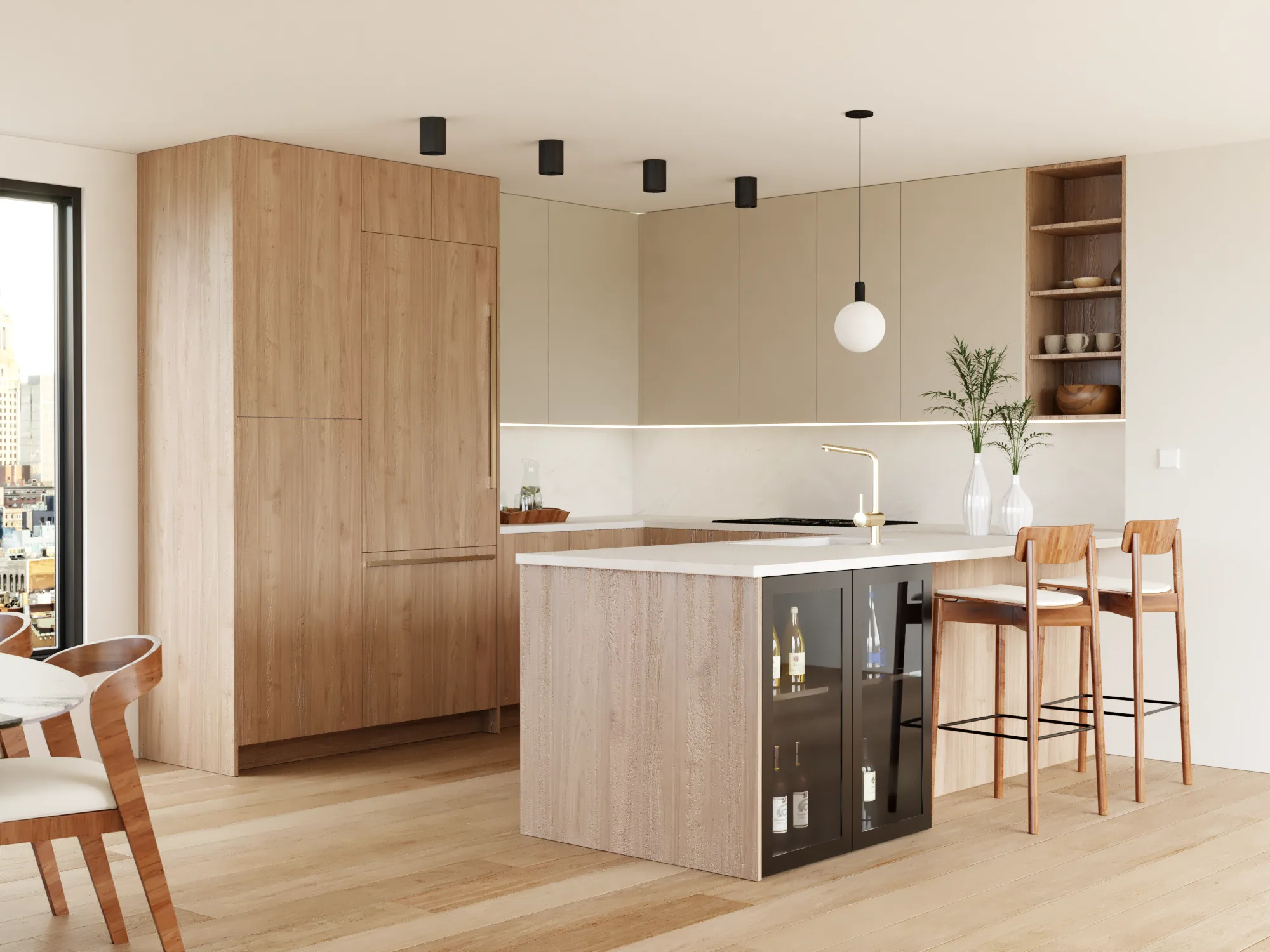 Cashmere frameless kitchen with pale wood accents and an island