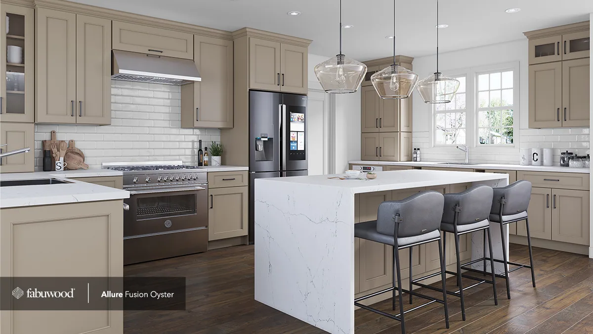 Oyster face-frame kitchen with an island and perimeter cabinetry