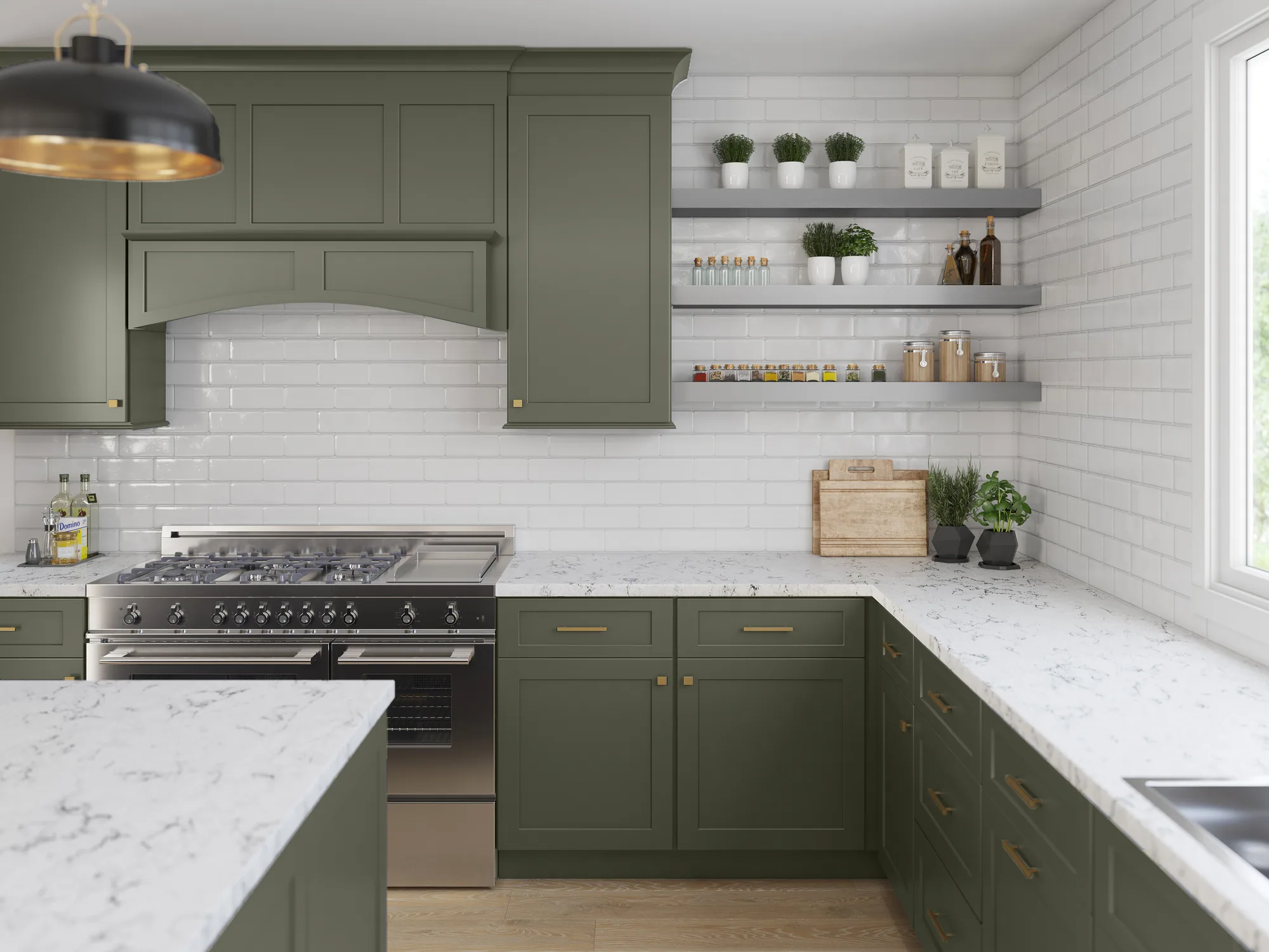 Forest Green face-frame cabinets in a finished kitchen