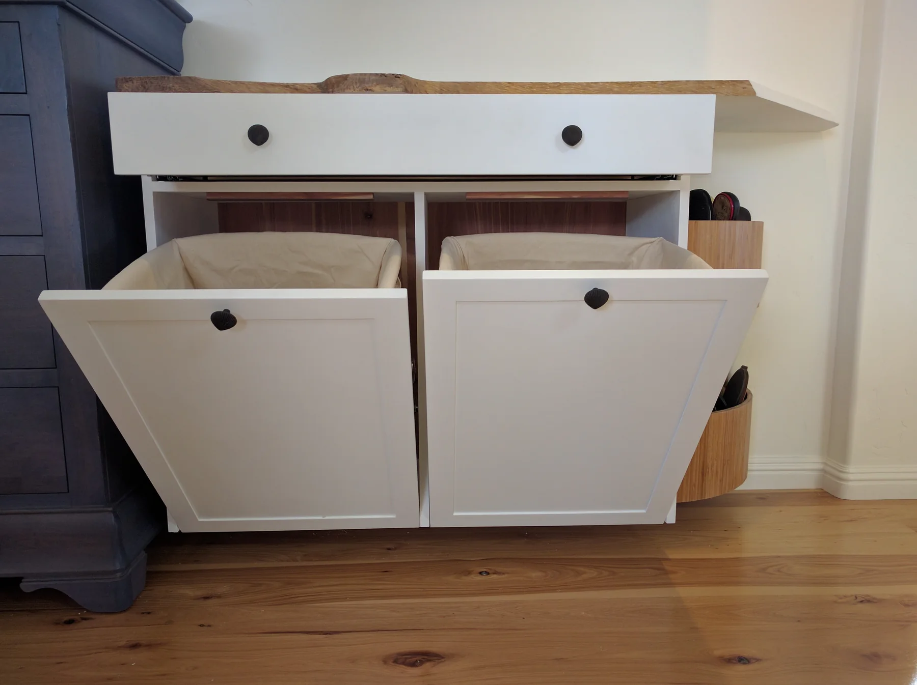 Finished custom tilt-out shoe storage